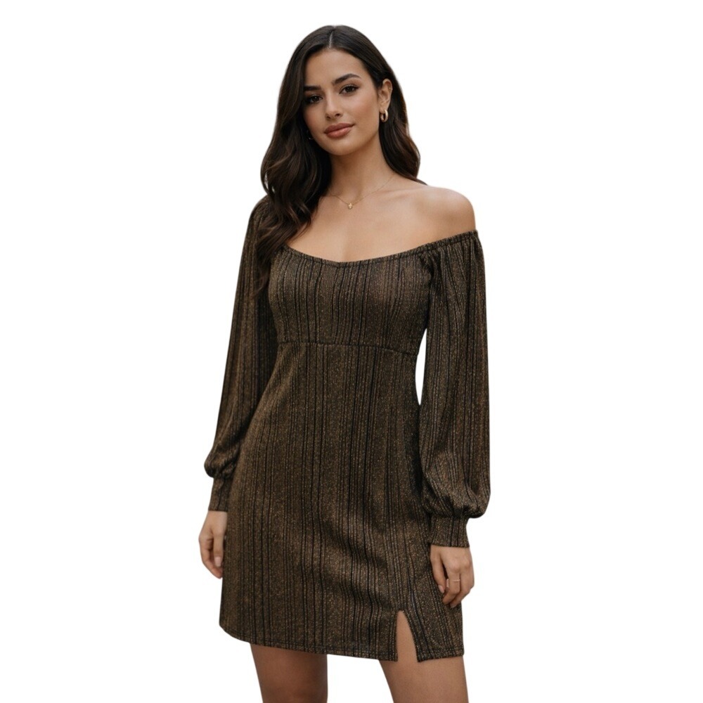 Black Gold Metallic Striped‎ Off Shoulder Long Sleeve Mini Dress Size S